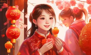 新年张灯结彩孩子们玩乐喜庆红色氛围庆祝卡通插画背景
