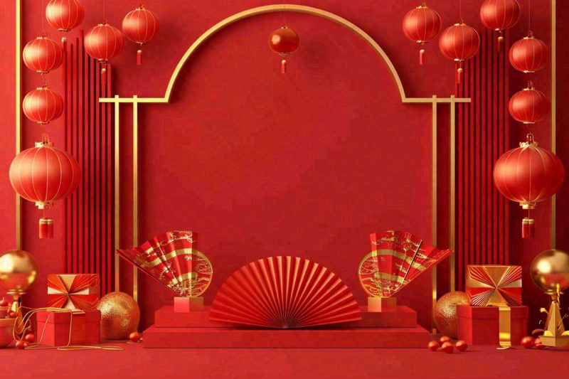红金创意喜庆新年扇子鼓灯笼C4D展台背景新年春节小年电商背景
