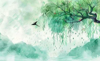 春天梅雨季柳树燕子清冷雨水谷雨惊蛰清明节水墨水彩插画背景