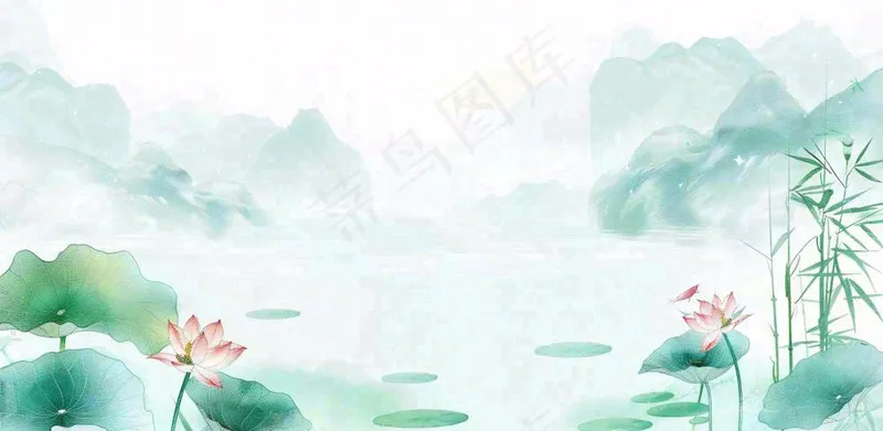 绿色荷花荷叶山水船立夏天夏至中式手绘风景中国风国画大暑小暑插画背景(1568x768)