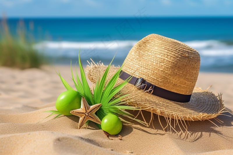夏日沙滩草帽海边度假摄影图