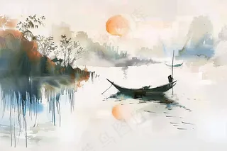 水墨山水画小船河面山川连绵国画插画背景