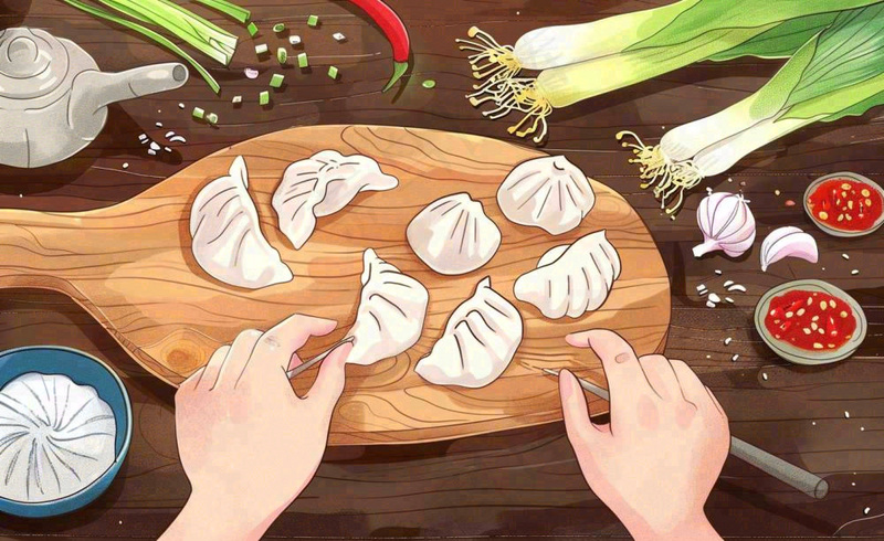 冬至包饺子场景卡通手绘插画背景(1408x864)