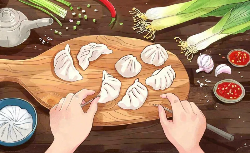 冬至包饺子场景卡通手绘插画背景(1408x864)