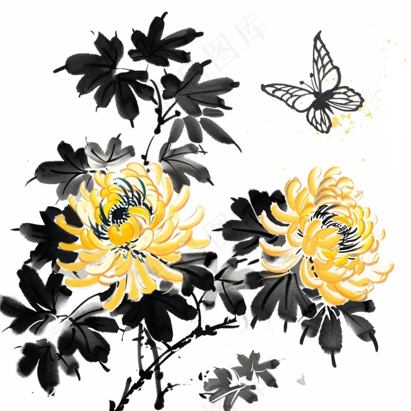 水墨菊花蝴蝶清明中秋插画免抠(1024x1024)