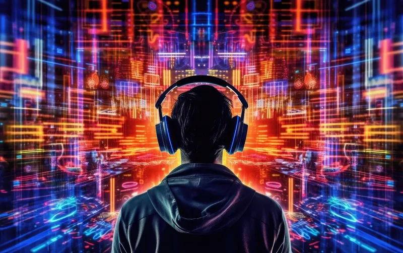 疯狂混乱多彩数字世界中戴耳机的DJ