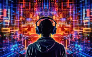 疯狂混乱多彩数字世界中戴耳机的DJ