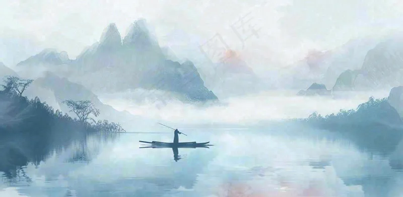 中国风意境水墨山水风景插画背景(1568x768)