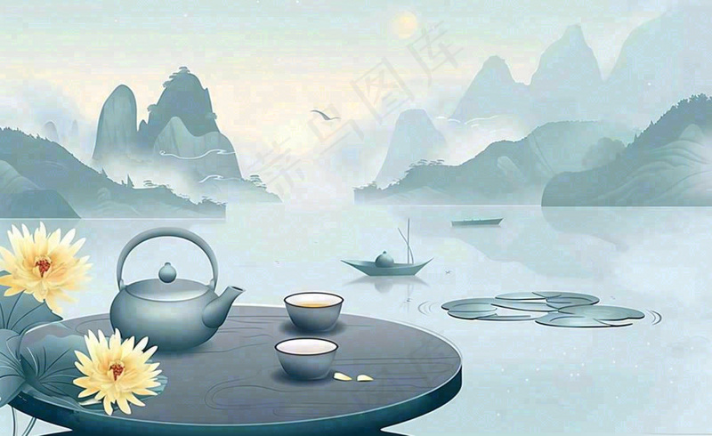 中国山水水墨画菊花饮茶重阳清明寒露插画背景