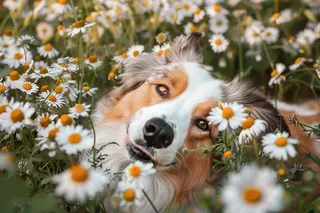 边牧小雏菊里的小狗摄影图