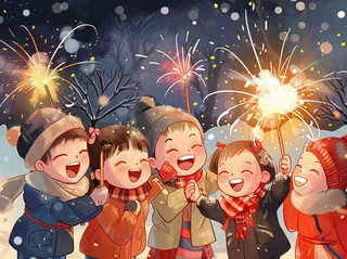 孩童儿童一起放烟花场景开心热闹庆祝新年春节小年除夕夜卡通插画