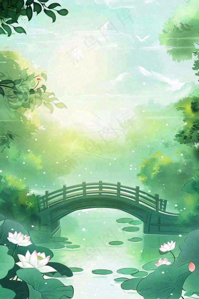 春夏绿意风景小清新荷花池塘拱桥绿荫阳光惊蛰春分立夏夏至水彩插画背景(896x1344)