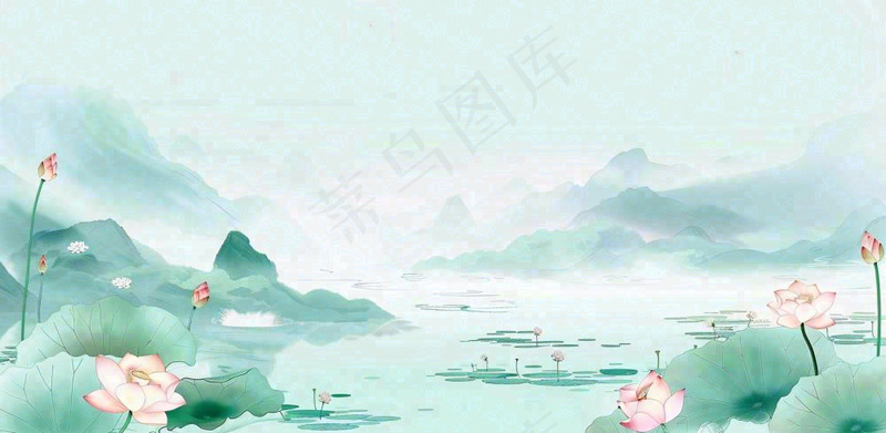 夏天山水荷花莲花清凉淡雅绿色中国风插画夏至大暑小暑背景(1568x768)