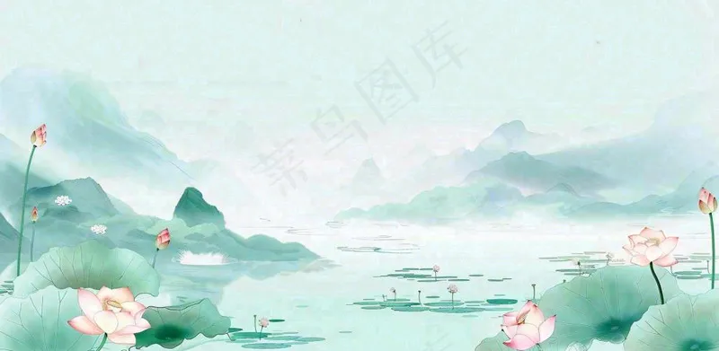 夏天山水荷花莲花清凉淡雅绿色中国风插画夏至大暑小暑背景(1568x768)