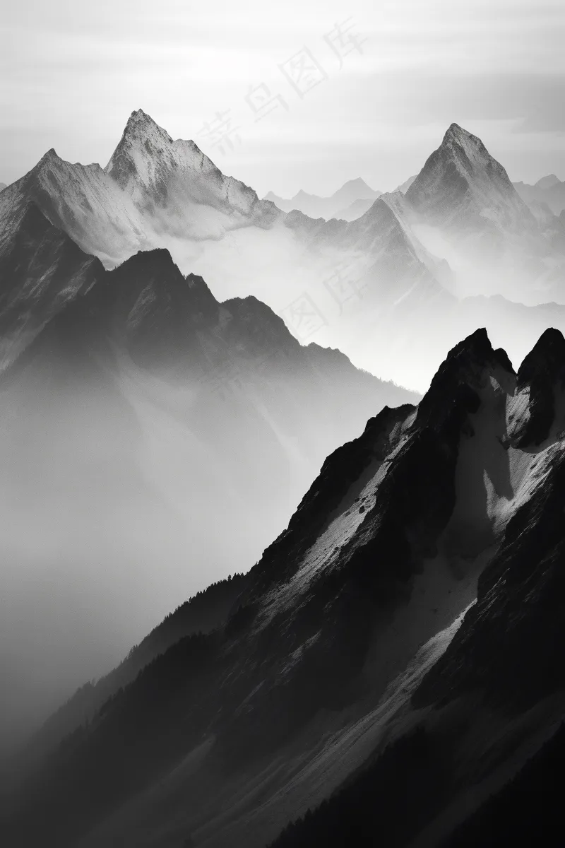 山川山峰层峦叠嶂黑白摄影图(2688x4032)