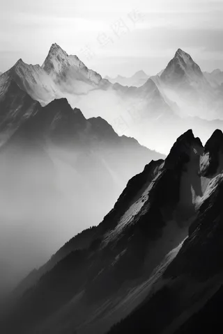 山川山峰层峦叠嶂黑白摄影图