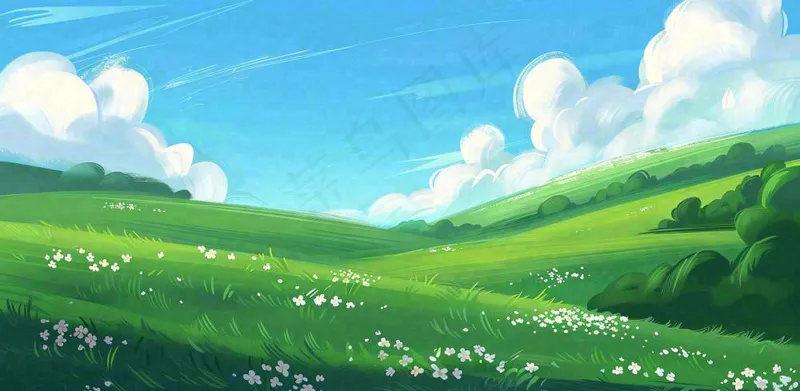 立春 春天背景立春 春天插画春天唯美天空蓝天白云草地手绘风景插画背景(1568x768)