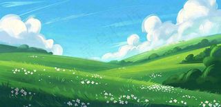 立春 春天背景立春 春天插画春天唯美天空蓝天白云草地手绘风景插画背景