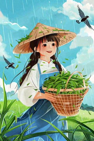 谷雨节气采茶女春天燕子雨水插画