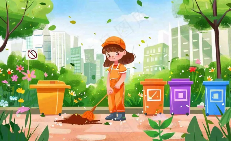 环卫工人清洁街道劳动职业保护环境城市卫生卡通插画背景(1408x864)