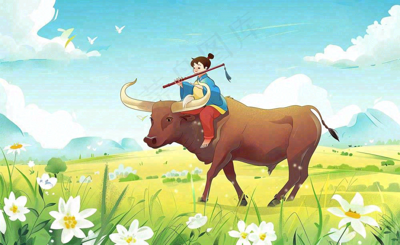 春天孩童放牛吹笛草地花丛出游清明时节卡通插画背景(1408x864)