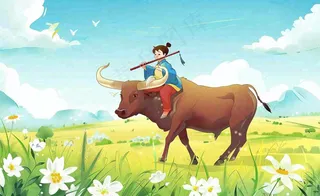 春天孩童放牛吹笛草地花丛出游清明时节卡通插画背景