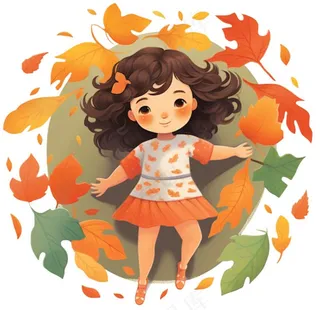 秋天躺着落叶上的女孩儿童树叶卡通插画免抠