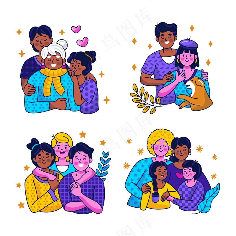 家庭合家福 多人 美式多巴胺色彩插画4幅ai矢量模版下载