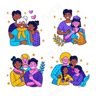 家庭合家福 多人 美式多巴胺色彩插画4幅