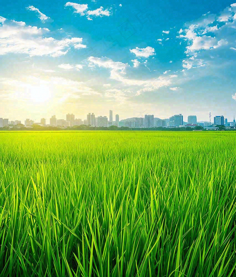 水稻农田生长远处城市落日余晖小满芒种摄影图