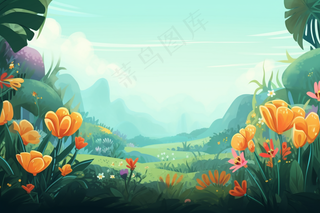春天草坪花草盛开山野里绿色卡通插画背景