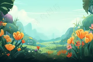 春天草坪花草盛开山野里绿色卡通插画背景