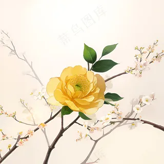 白色黄色手绘新中式风格花植物155