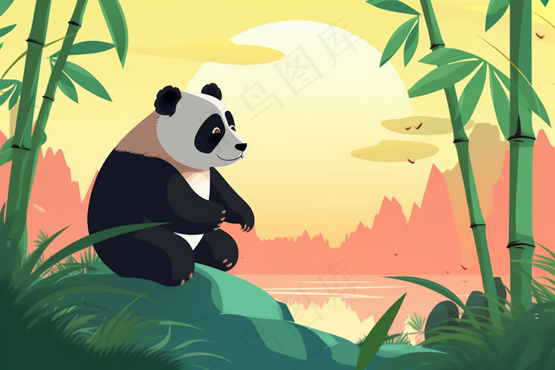 竹林大熊猫玩乐卡通插画背景(4032x2688)