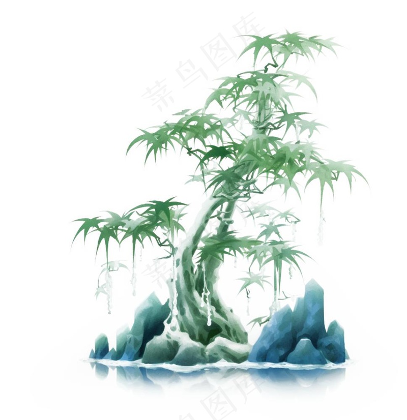 水墨松树枫树山石植物手绘中国风古风国画水彩插画免抠(1024x1056)