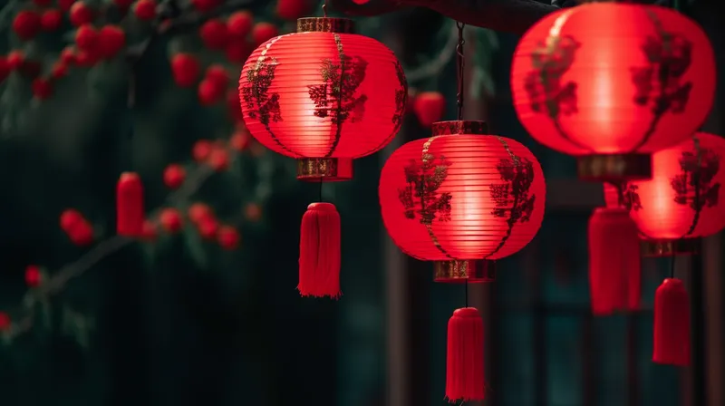 新年树梢挂着红灯笼喜庆摄影图(4368x2448)