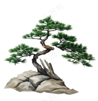 松树石壁上的迎客松古风水墨画插画免抠
