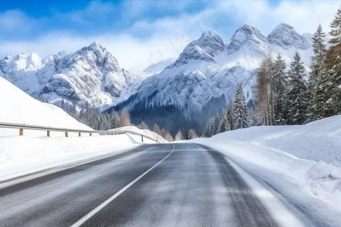 冬季雪山森林雾凇公路道路摄影图