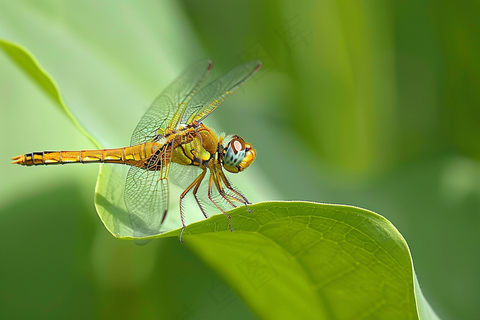 蜻蜓绿叶上停留的竹蜻蜓昆虫春天摄影图
