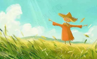 秋天插画唯美清新黄色手绘立秋秋天丰收稻田稻草人风景芒种秋分插画背景