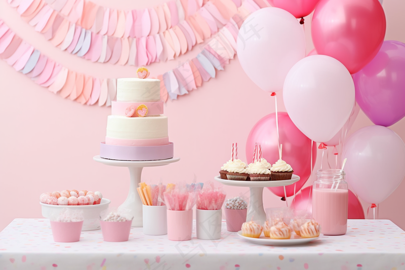 生日蛋糕派对气球粉色庆祝生日摄影图