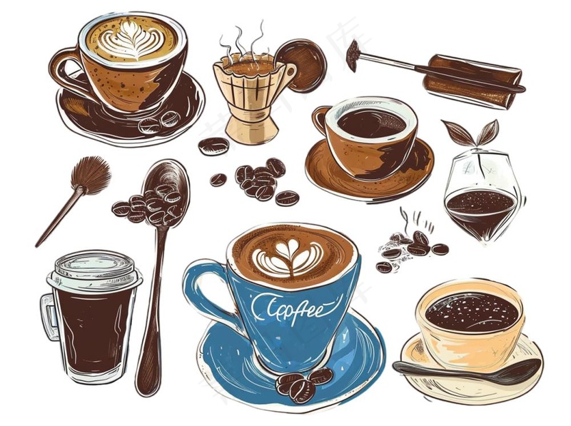 咖啡元素手绘卡通插画素材免抠