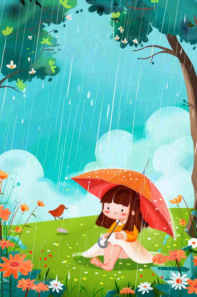 春天户外雨天打雨伞的小女孩坐着地上嬉水春游踏青唯美惊蛰雨水谷雨卡通插画背景