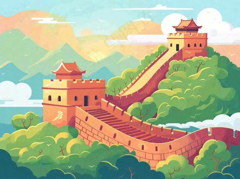 万里长城中国山河国潮插画北京旅游景点八一建军节红色文化卡通插画背景(1264x944)