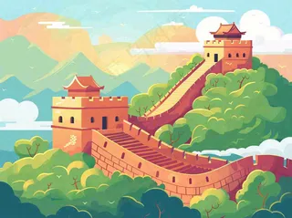 万里长城中国山河国潮插画北京旅游景点八一建军节红色文化卡通插画背景