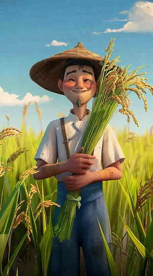 农民抱着一束水稻稻穗农田小满芒种插画背景