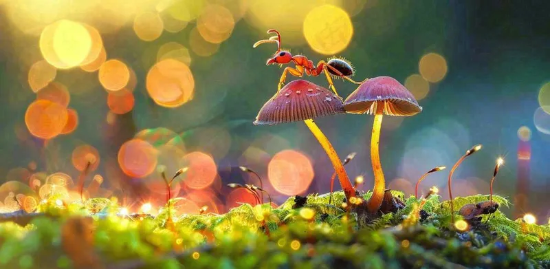 阳光下的蚂蚁蘑菇菌类阳光春天惊蛰春分摄影图(1568x768)