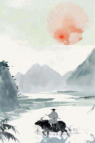 清明牧童人水墨画山水插画背景