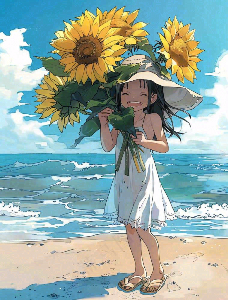 夏日海边女孩抱着一大束向日葵花束旅游游玩立夏夏至卡通插画背景