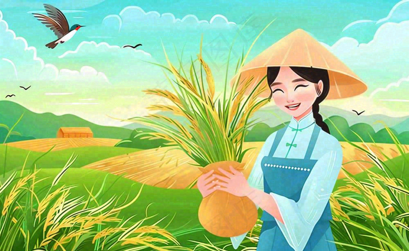 世界粮食日芒种秋收稻田麦子农民天空小满创意手绘卡通插画背景(1408x864)